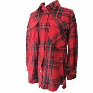 SO Cabin Cozy Shacket Buffalo Plaid Red/Black Sz S Wool Blend Lumberjack Cowboy